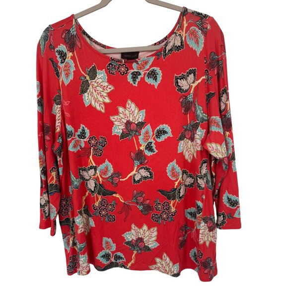 J jill Wearever Collection orange Floral knit  3/4 Sleeve Top size large petite - Picture 1 of 9